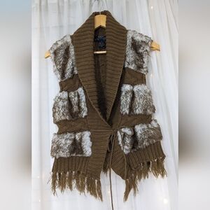 Kikit Faux Fur Knit Sweater Vest Womens Open Tie Front Size M Brown